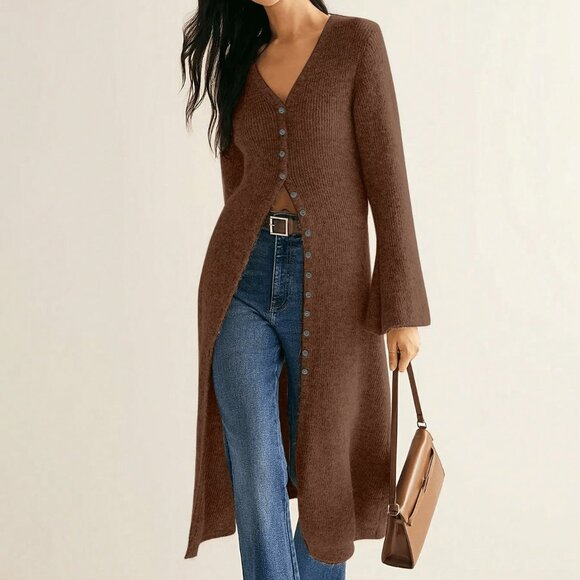 Coffee Brown Casual Women's Knitted Cardigan - Picture 1 of 3